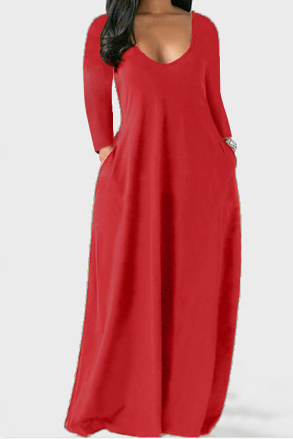 Rose Red Casual Solid Patchwork V Neck Straight Dresses