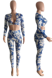 Blue Sexy Patchwork Tie-dye V Neck Long Sleeve Two Pieces