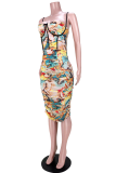 Yellow Sexy Print Patchwork Spaghetti Strap Pencil Skirt Dresses