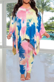 Yellow Casual Patchwork Tie-dye V Neck Plus Size Two Pieces