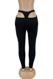 Black Sexy Casual Solid Hollowed Out Skinny Mid Waist Pencil Trousers