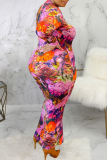 Multicolor Sexy Print Split Joint Half A Turtleneck Pencil Skirt Plus Size Dresses