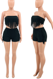 Black Sexy Solid Tassel Strapless Sleeveless Two Pieces