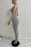Grey Casual Solid Patchwork U Neck Sleeveless Two Pieces