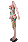 Yellow Sexy Print Patchwork Spaghetti Strap Pencil Skirt Dresses