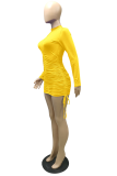 Yellow Casual Solid Draw String O Neck Pencil Skirt Dresses