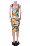 Yellow Sexy Print Patchwork Spaghetti Strap Pencil Skirt Dresses