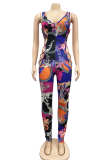Deep Blue Sexy Print Hollowed Out V Neck Skinny Jumpsuits