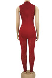 Red Sexy Solid Patchwork See-through O Neck Skinny Jumpsuits