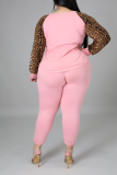 Pink Casual Leopard Patchwork O Neck Plus Size Two Pieces