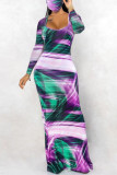 Purple Fashion Casual Print Basic U Neck Long Sleeve Dress