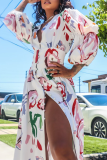 White Sexy Print Split Joint V Neck Cake Skirt Dresses