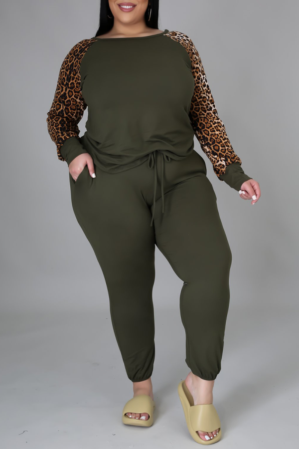 Olive Green Casual Leopard Patchwork O Neck Plus Size Two Pieces