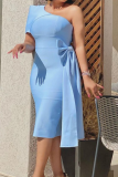 Sky Blue Sexy Solid Patchwork One Shoulder Pencil Skirt Dresses