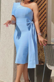 Deep Blue Sexy Solid Patchwork One Shoulder Pencil Skirt Dresses