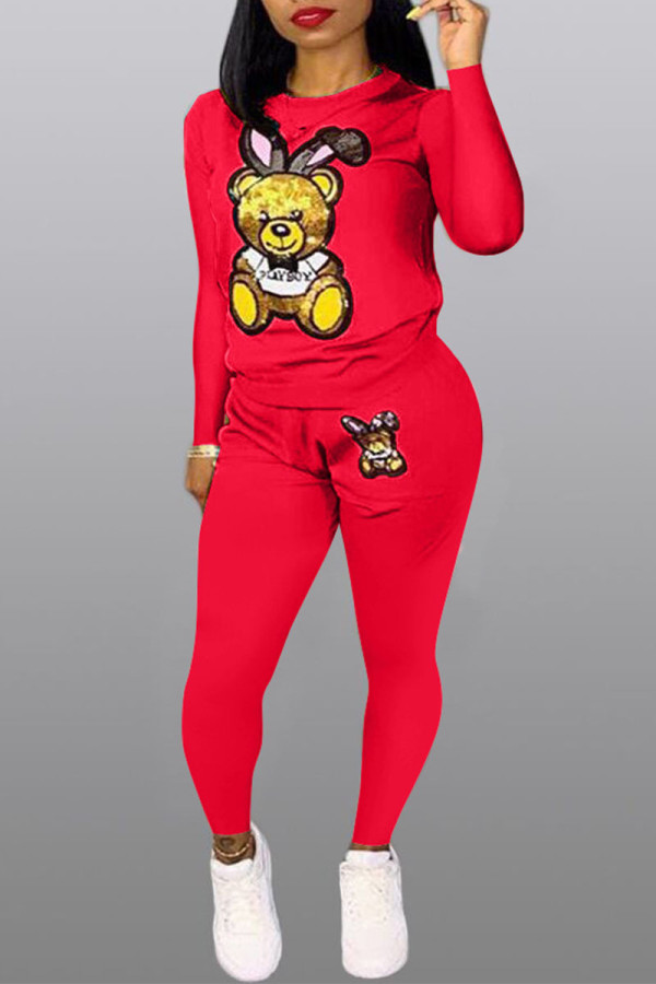 Red Casual Print Embroidered Patchwork Sequins O Neck Long Sleeve Two Pieces
