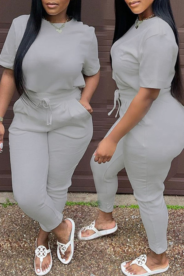 Grey Sexy Solid Patchwork O Neck Short Sleeve Two Pieces