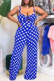 Blue Fashion Sexy Polka Dot Hollowed Out Patchwork Spaghetti Strap Regular Jumpsuits