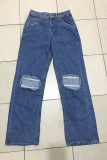 Dark Blue Casual Solid Ripped Mid Waist Straight Denim Jeans