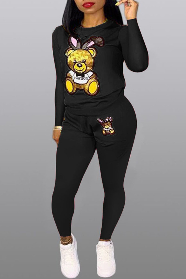 Black Casual Print Embroidered Patchwork Sequins O Neck Long Sleeve Two Pieces
