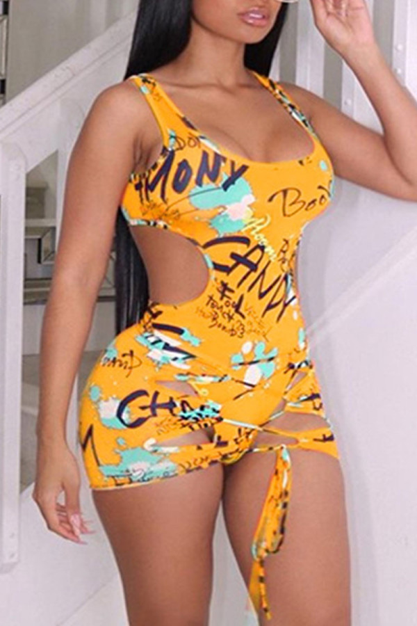 Yellow Sexy Print Frenulum Backless Swimwears