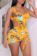 Yellow Sexy Print Frenulum Backless Swimwears