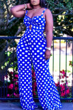 Blue Fashion Sexy Polka Dot Hollowed Out Patchwork Spaghetti Strap Regular Jumpsuits