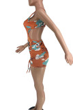 Pink Sexy Print Frenulum Backless Swimwears
