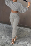 Grey Casual Solid Patchwork Hooded Collar Long Sleeve Two Pieces