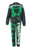 Green Fashion Casual Print Basic Hooded Collar Long Sleeve Two Pieces