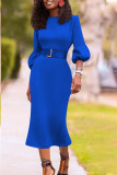 Royal blue Casual lantern sleeve Long Sleeves O neck Slim Dress Knee-Length Others Dresses (Without Belt)