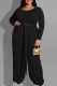 Black Casual Solid With Belt O Neck Plus Size Two Pieces