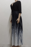 Black Casual Print Patchwork V Neck Cake Skirt Dresses