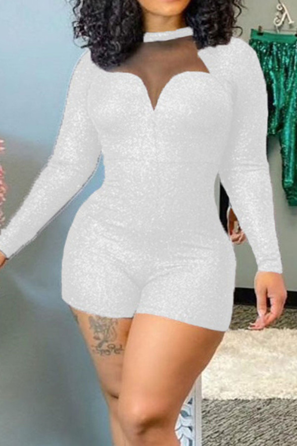 White Sexy Solid Patchwork O Neck Skinny Rompers