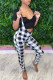 Black Street Plaid Print Patchwork Skinny Jumpsuits