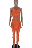 Tangerine Sexy Solid Ripped Patchwork U Neck Sleeveless Two Pieces