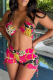 Rose Red Sexy Print Patchwork Draw String Swimwears