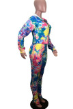 Colour Casual Print Tie Dye Ripped Patchwork Zipper Hooded Collar Long Sleeve Two Pieces