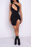 Black Sexy Solid Hollowed Out Halter Pencil Skirt Dresses