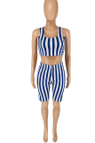 Blue Casual Striped Split Joint U Neck Sleeveless Two Pieces