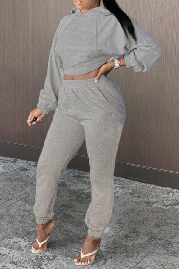Grey Casual Solid Patchwork Hooded Collar Long Sleeve Two Pieces