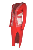 Red Fashion Sexy Patchwork Slit Hot Drill V Neck Long Sleeve Dresses