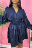 Tibetan Blue Fashion Casual Print Patchwork V Neck Long Sleeve Dresses