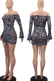 Rose Red Sexy Print Patchwork Draw String Fold Off the Shoulder Pencil Skirt Dresses