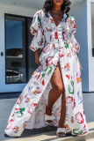 White Sexy Print Split Joint V Neck Cake Skirt Dresses