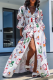 White Sexy Print Split Joint V Neck Cake Skirt Dresses