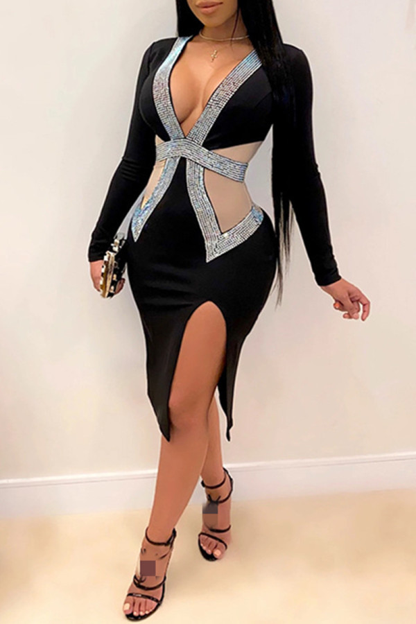 Black Fashion Sexy Patchwork Slit Hot Drill V Neck Long Sleeve Dresses