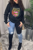 Black Fashion Casual Print Basic O Neck Tops