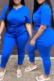 Blue Sexy Solid Patchwork O Neck Short Sleeve Two Pieces