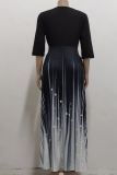 Black Casual Print Patchwork V Neck Cake Skirt Dresses